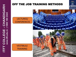 OFF THE JOB TRAINING METHODS
LECTURES/
CONFERENCES
VESTIBULE
TRAINING
 