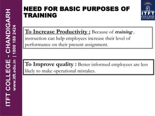 NEED FOR BASIC PURPOSES OF
TRAINING
To Increase Productivity : Because of training ,
instruction can help employees increase their level of
performance on their present assignment.
To Improve quality : Better informed employees are less
likely to make operational mistakes.
 