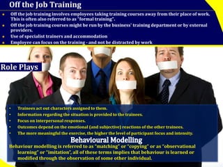 Off the Job Training 
 Off the job training involves employees taking training courses away from their place of work. 
This is often also referred to as "formal training". 
 Off the job training courses might be run by the business' training department or by external 
providers. 
 Use of specialist trainers and accommodation 
 Employee can focus on the training - and not be distracted by work 
Role Plays 
• Trainees act out characters assigned to them. 
• Information regarding the situation is provided to the trainees. 
• Focus on interpersonal responses. 
• Outcomes depend on the emotional (and subjective) reactions of the other trainees. 
• The more meaningful the exercise, the higher the level of participant focus and intensity. 
Behaviour modelling is referred to as “matching” or “copying” or as “observational 
learning” or “imitation”, all of these terms implies that behaviour is learned or 
modified through the observation of some other individual. 
 