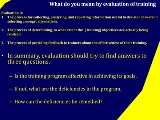 What do you mean by evaluation of training 
Evaluation is: 
1. The process for collecting, analyzing, and reporting information useful to decision makers in 
selecting amongst alternatives. 
2. The process of determining, to what extent the ( training) objectives are actually being 
realized. 
3. The process of providing feedback to trainers about the effectiveness of their training. 
• In summary, evaluation should try to find answers to 
three questions. 
– Is the training program effective in achieving its goals. 
– If not, what are the deficiencies in the program. 
– How can the deficiencies be remedied? 
