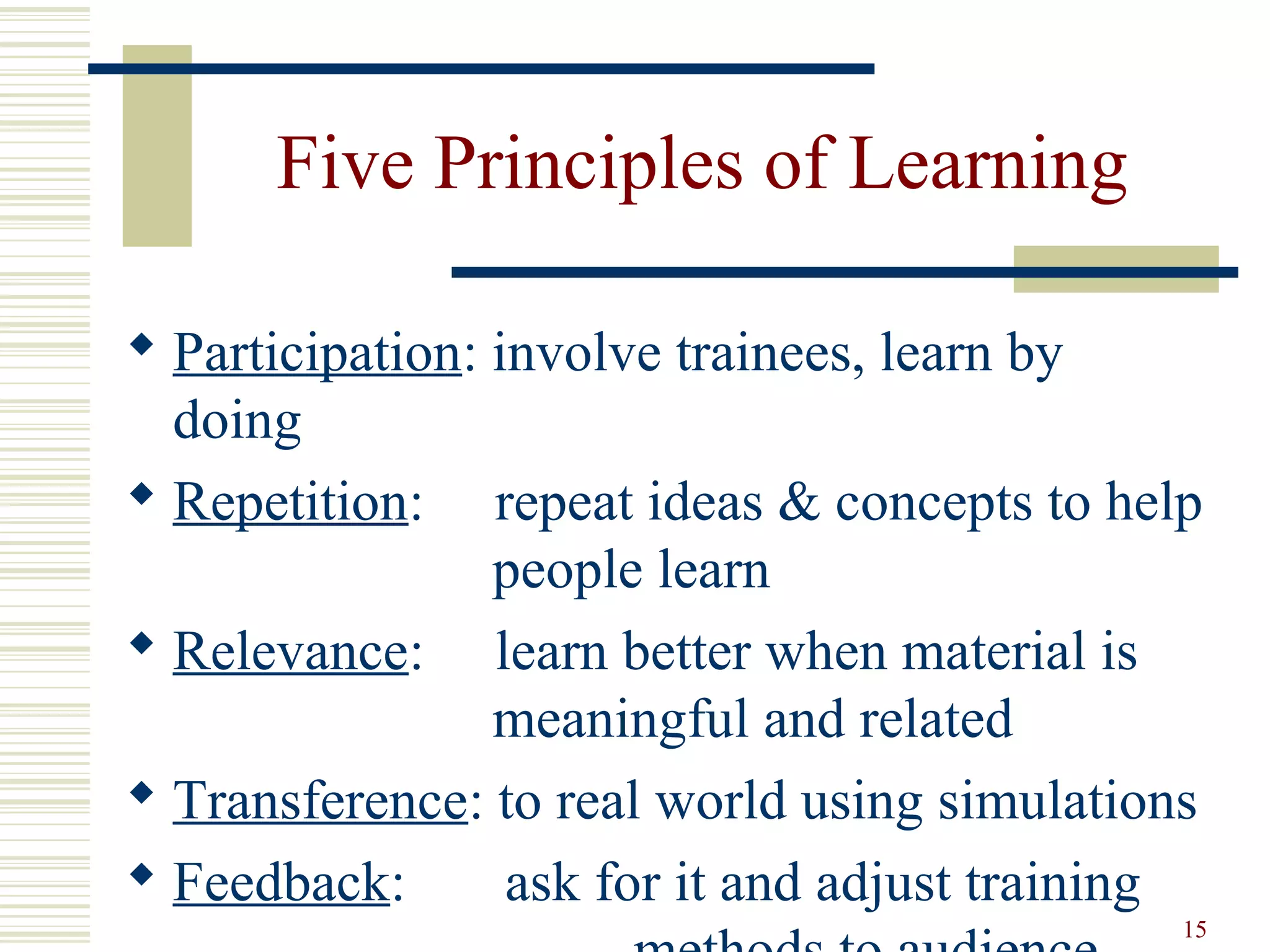 15
Five Principles of Learning
 Participation: involve trainees, learn by
doing
 Repetition: repeat ideas & concepts to help
people learn
 Relevance: learn better when material is
meaningful and related
 Transference: to real world using simulations
 Feedback: ask for it and adjust training
 