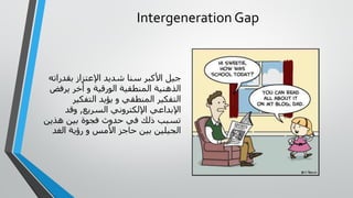 Intergeneration Gap
‫بقدراته‬ ‫اإلعتزاز‬ ‫شديد‬ ‫سنا‬ ‫األكبر‬ ‫جيل‬
‫يرفض‬ ‫أخر‬ ‫و‬ ‫الورقية‬ ‫المنطقية‬ ‫الذهنية‬
‫التفكير‬ ‫يؤيد‬ ‫و‬ ‫المنطقي‬ ‫التفكير‬
‫السريع‬ ‫اإللكتروني‬ ‫اإلبداعي‬,‫وقد‬
‫هذين‬ ‫بين‬ ‫فجوة‬ ‫حدوث‬ ‫في‬ ‫ذلك‬ ‫تسبب‬
‫الغد‬ ‫رؤية‬ ‫و‬ ‫األمس‬ ‫حاجز‬ ‫بين‬ ‫الجيلين‬
 