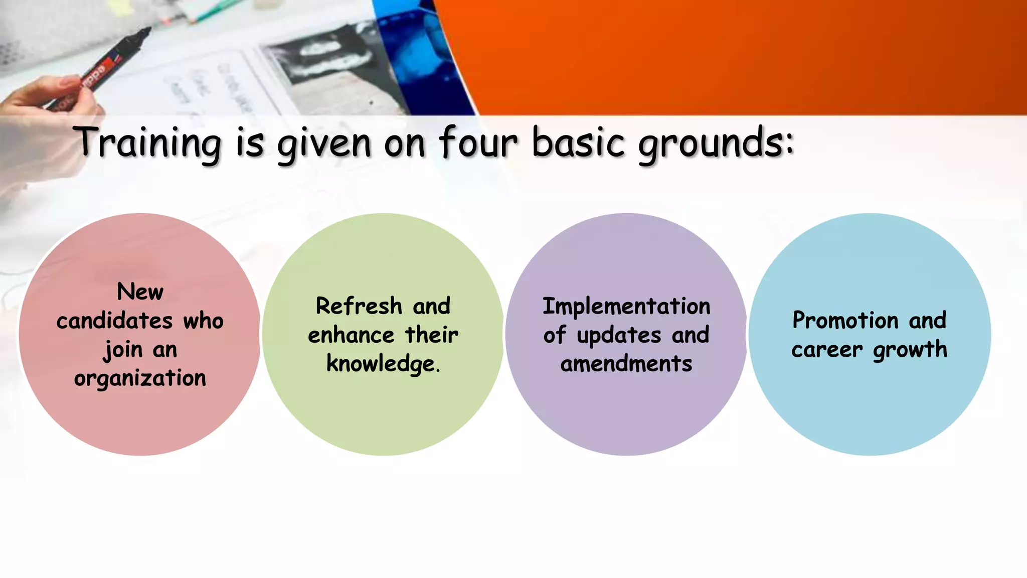 New
candidates who
join an
organization
Refresh and
enhance their
knowledge.
Implementation
of updates and
amendments
Promotion and
career growth
Training is given on four basic grounds:
 
