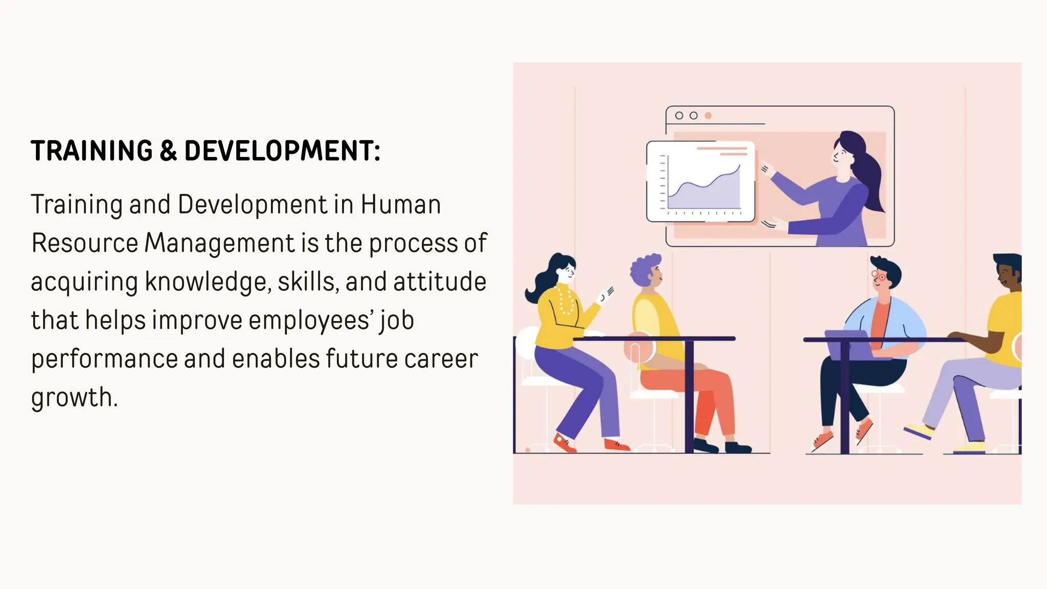 Training and Development in Human
Resource Management is the process of
acquiring knowledge, skills, and attitude
that helps improve employees’ job
performance and enables future career
growth.
TRAINING & DEVELOPMENT: