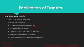 Facilitation of Transfer
How to increase Transfer
i. Practice – Over learning
ii. Maximize similarity
iii. Understand general principles
iv. Support from all levels
v. Opportunity to perform on the job
vi. Feedback and reinforcement
vii. Vary the situation – Behavioral aspects
T.Manoj kumar
Asst Professor, SKIMT Training and Development
 