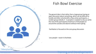 Fish Bowl Exercise
The general idea is that rather than a large group having an
open discussion about something, which can be difficult to
handle and often only benefits a few active participants, a
smaller group (ideally 3 – 6 people) is isolated to discuss while
the rest of the participants (maximum of 50 people) sit
around the outside and observe without interrupting.
Facilitation is focused on the core group discussion
Less people = easier to facilitate.
T.Manoj kumar
Asst Professor, SKIMT Training and Development
 