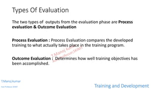 Types Of Evaluation
The two types of outputs from the evaluation phase are Process
evaluation & Outcome Evaluation
Process Evaluation : Process Evaluation compares the developed
training to what actually takes place in the training program.
Outcome Evaluation : Determines how well training objectives has
been accomplished.
T.Manoj kumar
Asst Professor, SKIMT Training and Development
 