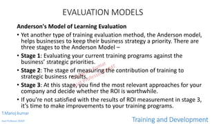 EVALUATION MODELS
Anderson's Model of Learning Evaluation
• Yet another type of training evaluation method, the Anderson model,
helps businesses to keep their business strategy a priority. There are
three stages to the Anderson Model –
• Stage 1: Evaluating your current training programs against the
business’ strategic priorities.
• Stage 2: The stage of measuring the contribution of training to
strategic business results.
• Stage 3: At this stage, you find the most relevant approaches for your
company and decide whether the ROI is worthwhile.
• If you’re not satisfied with the results of ROI measurement in stage 3,
it’s time to make improvements to your training programs.
T.Manoj kumar
Asst Professor, SKIMT Training and Development
 