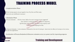 TRAINING PROCESS MODEL
4. Implementation Phase
All the training aspects are put together here. Dry Run and Pilot study.
Determine any modification necessary
5. Evaluation Phase
a) Process Evaluation - Did the trainer follow the exact training process suggested?
How well the a training process is achieved its objectives.
Eg: Role play means it is Role play.Were they properly used?
Collecting and analyzing the data
b) Outcome Evaluation – Is the evaluation conducted at the end of training to determine the effects of training on the trainee,
the job and organization
Combination of Process Evaluation & Outcome evaluation serve as a power tool for improving programs
T.Manoj kumar
Asst Professor, SKIMT Training and Development
 