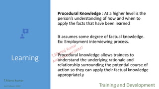 Learning
Procedural Knowledge : At a higher level is the
person’s understanding of how and when to
apply the facts that have been learned
It assumes some degree of factual knowledge.
Ex: Employment interviewing process.
Procedural knowledge allows trainees to
understand the underlying rationale and
relationship surrounding the potential course of
action so they can apply their factual knowledge
appropriatel.y
T.Manoj kumar
Asst Professor, SKIMT Training and Development
 