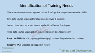 Identification of Training Needs
There are numerous source places to look for Organization performance Gap (OPG)
First data source-Organizational goals, objectives & budgets
Second data source-Labour inventory-Ex: No.of Senior Employees
Third data source-Organization climate indicators-Ex: Absenteeism
Proactive TNA- For the ongoing problem(gap) or after the problem has occurred.
Reactive TNA-Expected to happen in future
T.Manoj kumar
Asst Professor, SKIMT Training and Development
 