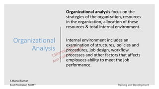 Organizational
Analysis
Organizational analysis focus on the
strategies of the organization, resources
in the organization, allocation of these
resources & total internal environment.
Internal environment includes an
examination of structures, policies and
procedures, job design, workflow
processes and other factors that affects
employees ability to meet the job
performance.
T.Manoj kumar
Asst Professor, SKIMT Training and Development
 