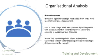 Organizational Analysis
Human Resources
It includes a general strategic need assessment and a more
specific training need assessment.
First at the strategic level HRD provides top management
with the assessment of current employees ability and
potential to support various strategies
Within this top management knows its employees
capabilities and can factor those capabilities into strategic
decision making: Ex : Maruti
T.Manoj kumar
Asst Professor, SKIMT Training and Development
 