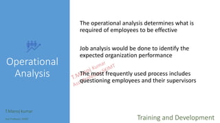 Operational
Analysis
The operational analysis determines what is
required of employees to be effective
Job analysis would be done to identify the
expected organization performance
The most frequently used process includes
questioning employees and their supervisors
T.Manoj kumar
Asst Professor, SKIMT Training and Development
 