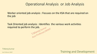 Worker oriented job analysis : Focuses on the KSA that are required on
the job
Task Oriented job analysis : Identifies the various work activities
required to perform the job.
Operational Analysis or Job Analysis
T.Manoj kumar
Asst Professor, SKIMT Training and Development
 