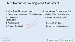 Steps to conduct Training Need Assessment
1. Identify problems and needs Organisational Performance Gap
2. Determine the Design of Needs Analysis - Who, What methods, When
3. Collect data - Survey, Interview, and
Observation
4. Analyze data - Research on data
5. Provide feedback - Report for next program
T.Manoj kumar
Asst Professor, SKIMT Training and Development
 