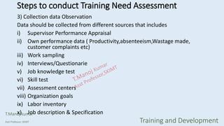 3) Collection data Observation
Data should be collected from different sources that includes
i) Supervisor Performance Appraisal
ii) Own performance data ( Productivity,absenteeism,Wastage made,
customer complaints etc)
iii) Work sampling
iv) Interviews/Questionarie
v) Job knowledge test
vi) Skill test
vii) Assessment centers
viii) Organization goals
ix) Labor inventory
x) Job description & Specification
Steps to conduct Training Need Assessment
T.Manoj kumar
Asst Professor, SKIMT Training and Development
 