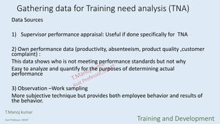 Gathering data for Training need analysis (TNA)
Data Sources
1) Supervisor performance appraisal: Useful if done specifically for TNA
2) Own performance data (productivity, absenteeism, product quality ,customer
complaint) :
This data shows who is not meeting performance standards but not why
Easy to analyze and quantify for the purposes of determining actual
performance
3) Observation –Work sampling
More subjective technique but provides both employee behavior and results of
the behavior.
T.Manoj kumar
Asst Professor, SKIMT Training and Development
 