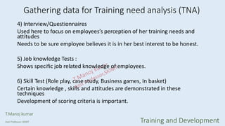 4) Interview/Questionnaires
Used here to focus on employees’s perception of her training needs and
attitudes
Needs to be sure employee believes it is in her best interest to be honest.
5) Job knowledge Tests :
Shows specific job related knowledge of employees.
6) Skill Test (Role play, case study, Business games, In basket)
Certain knowledge , skills and attitudes are demonstrated in these
techniques
Development of scoring criteria is important.
Gathering data for Training need analysis (TNA)
T.Manoj kumar
Asst Professor, SKIMT Training and Development
 