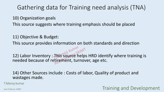 10) Organization goals
This source suggests where training emphasis should be placed
11) Objective & Budget:
This source provides information on both standards and direction
12) Labor Inventory : This source helps HRD identify where training is
needed because of retirement, turnover, age etc.
14) Other Sources include : Costs of labor, Quality of product and
wastages made.
Gathering data for Training need analysis (TNA)
T.Manoj kumar
Asst Professor, SKIMT Training and Development
 