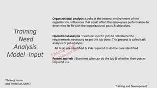 Training
Need
Analysis
Model -Input
Organizational analysis: Looks at the internal environment of the
organization. Influences that could affect the employees performance-to
determine its fit with the organizational goals & objectives.
Operational analysis : Examine specific jobs to determine the
requirements necessary to get the job done. This process is called task
analysis or job analysis.
All tasks are identified & KSA required to do the bare identified
Person analysis : Examines who can do the job & whether they posses
required KSA.
T.Manoj kumar
Asst Professor, SKIMT
Training and Development
 
