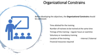Organizational Constrains
Before developing the objectives, the Organizational Constrains should
be addressed.
Time allotted for the training
Number of trainees to be trained at the same time
Timings of the training – regular hours or overtime
Voluntary or mandatory training
Location of the training - Internal / External
Financial resources required
 