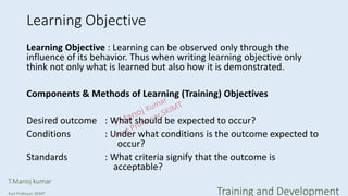 Learning Objective
Learning Objective : Learning can be observed only through the
influence of its behavior. Thus when writing learning objective only
think not only what is learned but also how it is demonstrated.
Components & Methods of Learning (Training) Objectives
Desired outcome : What should be expected to occur?
Conditions : Under what conditions is the outcome expected to
occur?
Standards : What criteria signify that the outcome is
acceptable?
T.Manoj kumar
Asst Professor, SKIMT Training and Development
 