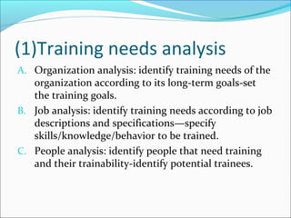 (1)Training needs analysis
A. Organization analysis: identify training needs of the
organization according to its long-term goals-set
the training goals.
B. Job analysis: identify training needs according to job
descriptions and specifications—specify
skills/knowledge/behavior to be trained.
C. People analysis: identify people that need training
and their trainability-identify potential trainees.
 