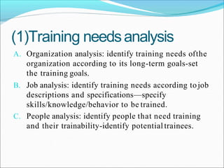 (1)Training needsanalysis
A. Organization analysis: identify training needs ofthe
organization according to its long-term goals-set
the training goals.
B. Job analysis: identify training needs according tojob
descriptions and specifications—specify
skills/knowledge/behavior to be trained.
C. People analysis: identify people that need training
and their trainability-identify potentialtrainees.
 