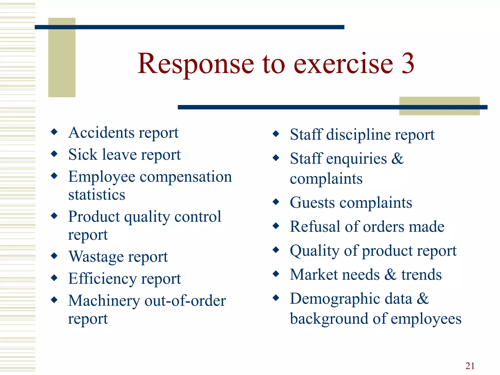 21 
Response to exercise 3 
 Accidents report 
 Sick leave report 
 Employee compensation 
statistics 
 Product quality control 
report 
 Wastage report 
 Efficiency report 
 Machinery out-of-order 
report 
 Staff discipline report 
 Staff enquiries & 
complaints 
 Guests complaints 
 Refusal of orders made 
 Quality of product report 
 Market needs & trends 
 Demographic data & 
background of employees 
 