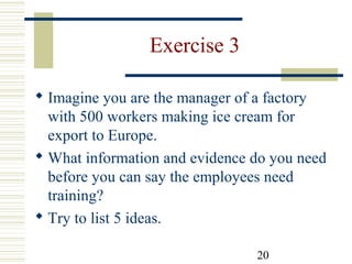 20
Exercise 3
 Imagine you are the manager of a factory
with 500 workers making ice cream for
export to Europe.
 What information and evidence do you need
before you can say the employees need
training?
 Try to list 5 ideas.
 