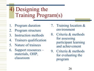 26
4) Designing the
Training Program(s)
1. Program duration
2. Program structure
3. Instruction methods
4. Trainers qualification
5. Nature of trainees
6. Support resources –
materials, OHP,
classroom
7. Training location &
environment
8. Criteria & methods
for assessing
participant learning
and achievement
9. Criteria & methods
for evaluating the
program
 