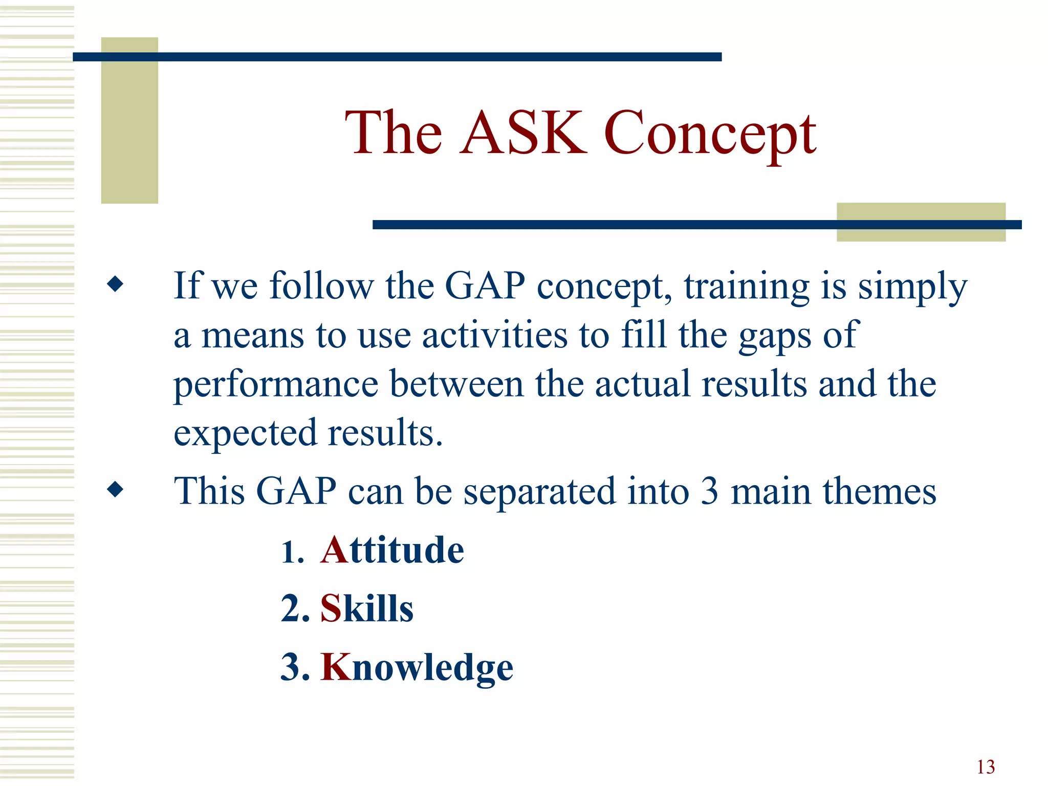 13
The ASK Concept
 If we follow the GAP concept, training is simply
a means to use activities to fill the gaps of
performance between the actual results and the
expected results.
 This GAP can be separated into 3 main themes
1. Attitude
2. Skills
3. Knowledge
 
