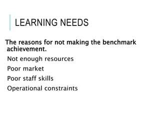 LEARNING NEEDS
The reasons for not making the benchmark
achievement.
Not enough resources
Poor market
Poor staff skills
Operational constraints
11
 
