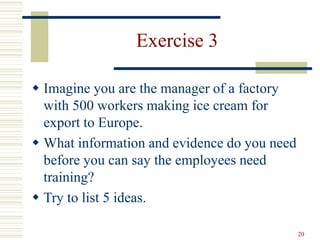 20
Exercise 3
 Imagine you are the manager of a factory
with 500 workers making ice cream for
export to Europe.
 What information and evidence do you need
before you can say the employees need
training?
 Try to list 5 ideas.
 