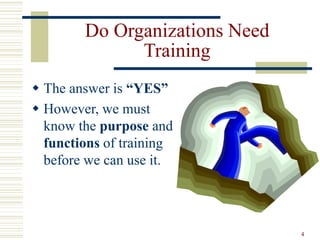 4
Do Organizations Need
Training
 The answer is “YES”
 However, we must
know the purpose and
functions of training
before we can use it.
 
