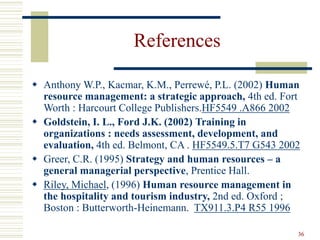 36
References
 Anthony W.P., Kacmar, K.M., Perrewé, P.L. (2002) Human
resource management: a strategic approach, 4th ed. Fort
Worth : Harcourt College Publishers.HF5549 .A866 2002
 Goldstein, I. L., Ford J.K. (2002) Training in
organizations : needs assessment, development, and
evaluation, 4th ed. Belmont, CA . HF5549.5.T7 G543 2002
 Greer, C.R. (1995) Strategy and human resources – a
general managerial perspective, Prentice Hall.
 Riley, Michael, (1996) Human resource management in
the hospitality and tourism industry, 2nd ed. Oxford ;
Boston : Butterworth-Heinemann. TX911.3.P4 R55 1996
 