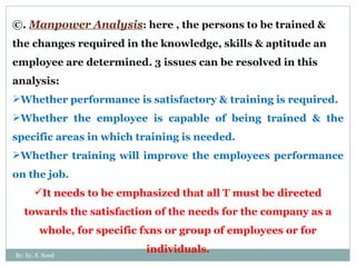 ©.  Manpower Analysis :  here , the persons to be trained & the changes required in the knowledge, skills & aptitude an employee are determined. 3 issues can be resolved in this analysis:  Whether performance is satisfactory & training is required. Whether the employee is capable of being trained & the specific areas in which training is needed.  Whether training will improve the employees performance on the job. It needs to be emphasized that all T must be directed towards the satisfaction of the needs for the company as a whole, for specific fxns or group of employees or for individuals. By: Er. S. Sood 