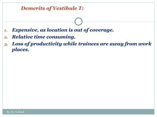 Demerits of Vestibule T: Expensive, as location is out of coverage.  Relative time consuming. Loss of productivity while trainees are away from work places. By: Er. S. Sood 