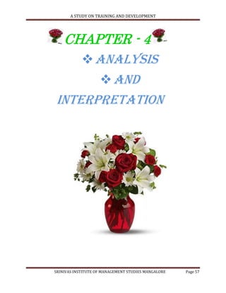 A STUDY ON TRAINING AND DEVELOPMENT




 CHAPTER - 4
     ANALYSIS
        AND
INTERPRETATION




SRINIVAS INSTITUTE OF MANAGEMENT STUDIES MANGALORE   Page 57
 