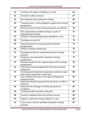 A STUDY ON TRAINING AND DEVELOPMENT


21   Training will improve confidence in work.                   66
22   Trained on safety measures.                                 67
23   Developments after getting the training.                    68
24   Training centre is well equipped to organize the training   69
     programmes.
25   Resource person of the training progrmme are efficient.     70
26   The organization considers training as a part of            71
     organizational strategy.
27   Number of training programmes attended in a year.           72
28   Trainings are more for.                                     73
29   Important barriers to training and development              74
     progarammes.
30   Mode of training method used.                               75
31   Enough practicals are conducted during the training         76
     sessions.
32   Employees are motivated to attend the training              77
     programmes.
33   Duration needed for the implementation of the training      78
     programmes.
34   The kind of training imparted for the newly recruited       79
     employees.
35   Training and development programmes needed to make          80
     their carrier aspirations to come true.
36   The conditions that have to be improved during the          81
     training session.
37   Skills that should be possessed by the trainer to make it   82
     effective.
38   Reason for the shortage of skilled man power at             83
     workplace.
39   Training needed to perform other jobs.                      84
40   General complaints about the training sessions.             85
41   Degree to which the training objective is met.              86
42   Come across with any problems during the training           87
     sessions.

      SRINIVAS INSTITUTE OF MANAGEMENT STUDIES MANGALORE              Page 8
 