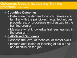 Outcomes Used in Evaluating Training
programs: (continued)
 Cognitive Outcomes
 Determine the degree to which trainees are
familiar with the principles, facts, techniques,
procedures, or processes emphasized in the
training program.
 Measure what knowledge trainees learned in
the program.
 Skill-Based Outcomes
 Assess the level of technical or motor skills.
 Include acquisition or learning of skills and
use of skills on the job.
6 - 13www.tutorialvidya.com
 