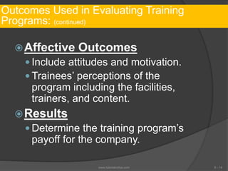 Outcomes Used in Evaluating Training
Programs: (continued)
Affective Outcomes
 Include attitudes and motivation.
 Trainees’ perceptions of the
program including the facilities,
trainers, and content.
Results
 Determine the training program’s
payoff for the company.
6 - 14www.tutorialvidya.com
 