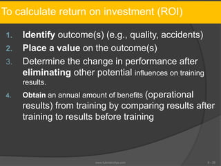 To calculate return on investment (ROI)
1. Identify outcome(s) (e.g., quality, accidents)
2. Place a value on the outcome(s)
3. Determine the change in performance after
eliminating other potential influences on training
results.
4. Obtain an annual amount of benefits (operational
results) from training by comparing results after
training to results before training
6 - 26www.tutorialvidya.com
 