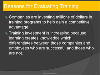Reasons for Evaluating Training
 Companies are investing millions of dollars in
training programs to help gain a competitive
advantage.
 Training investment is increasing because
learning creates knowledge which
differentiates between those companies and
employees who are successful and those who
are not.
6 - 6www.tutorialvidya.com
 