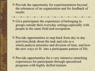 Provide the opportunity for experimentation beyond
the tolerances of an organization and for feedback of
results
Give participants the experience of belonging to
groups outside their everyday settings,especially with
people in the same field and occupation.
Provide opportunities to step back from day to day
activities,think about the task and role as a
whole,analyze priorities and division of time, and how
the new ways to fit into a participants pattern of life.
Provide opportunities for a very intensive stretching
experiences for participants through specialized
programs with highly skilled trainers
 
