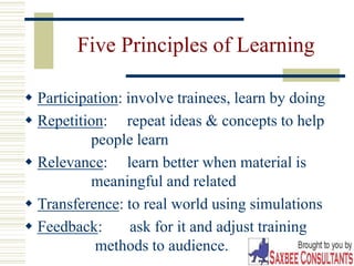 15
Five Principles of Learning
 Participation: involve trainees, learn by doing
 Repetition: repeat ideas & concepts to help
people learn
 Relevance: learn better when material is
meaningful and related
 Transference: to real world using simulations
 Feedback: ask for it and adjust training
methods to audience.
 