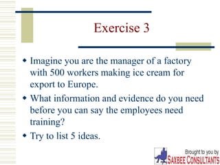 20
Exercise 3
 Imagine you are the manager of a factory
with 500 workers making ice cream for
export to Europe.
 What information and evidence do you need
before you can say the employees need
training?
 Try to list 5 ideas.
 