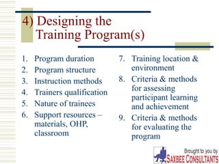 26
4) Designing the
Training Program(s)
1. Program duration
2. Program structure
3. Instruction methods
4. Trainers qualification
5. Nature of trainees
6. Support resources –
materials, OHP,
classroom
7. Training location &
environment
8. Criteria & methods
for assessing
participant learning
and achievement
9. Criteria & methods
for evaluating the
program
 