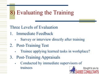 32
8) Evaluating the Training
Three Levels of Evaluation
1. Immediate Feedback
 Survey or interview directly after training
2. Post-Training Test
 Trainee applying learned tasks in workplace?
3. Post-Training Appraisals
 Conducted by immediate supervisors of
trainees
 